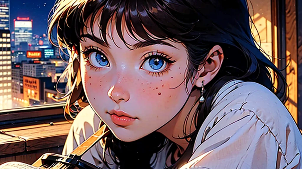 (artwork:1.2), (highest quality:1.2), ultra-high resolution, super detailed, perfect lighting, GIRL WITH DETAILED FACE WITH FACE FORWARD, TORSO ALIGNED FORWARD, SHORT HAIR, BLUE EYES, small AND ROUNDED nose, 80s anime style GIRL, GUITAR, BEDROOM, PLAYING THE GUITAR, WINDOW, SUN, LANDSCAPES, GIRL LOOKING AT THE GUITAR, HAND PLAYING THE GUITAR, FULL IMAGE GIRL PLAYING GUITAR
