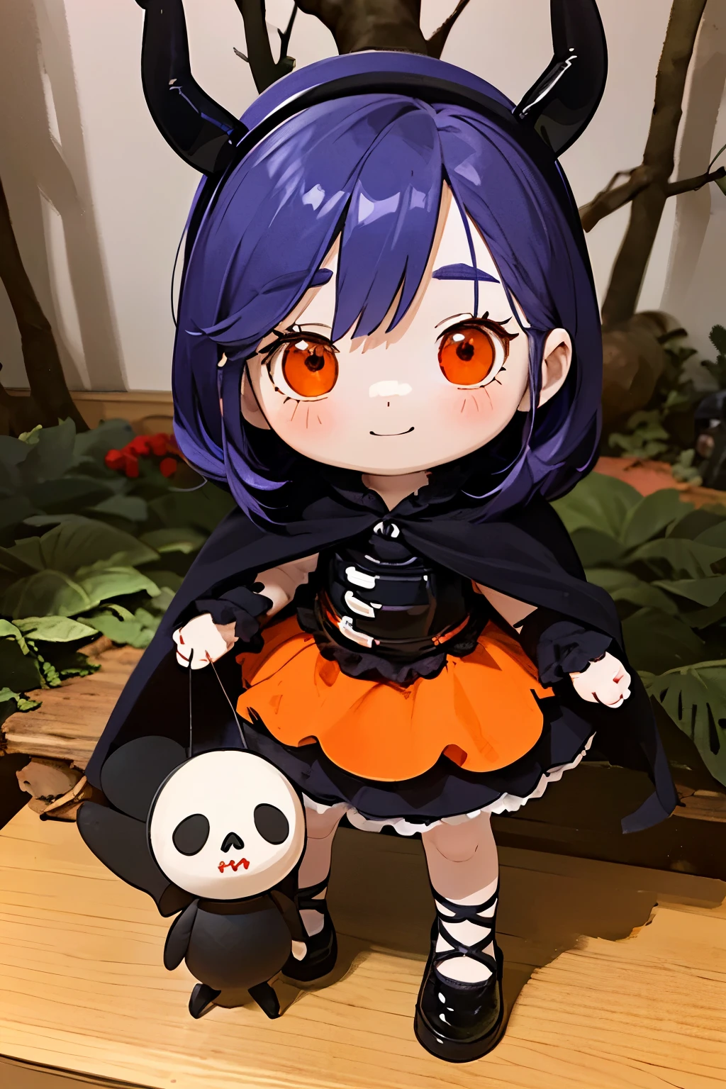 Photorealistic、Cute horror fantasy、Chibi Girl Doll（Devil Cosplay、Wicked Smile、Sagging under the eyes、Long eyebrows、Long nails、Orange eyes、Wear a long, big cloak） BREAK ,background(Musical notes around the doll, (dead tree:1.3), in the forest,shadow　the cardboard\(Bat,Skeleton,Crow\)\)