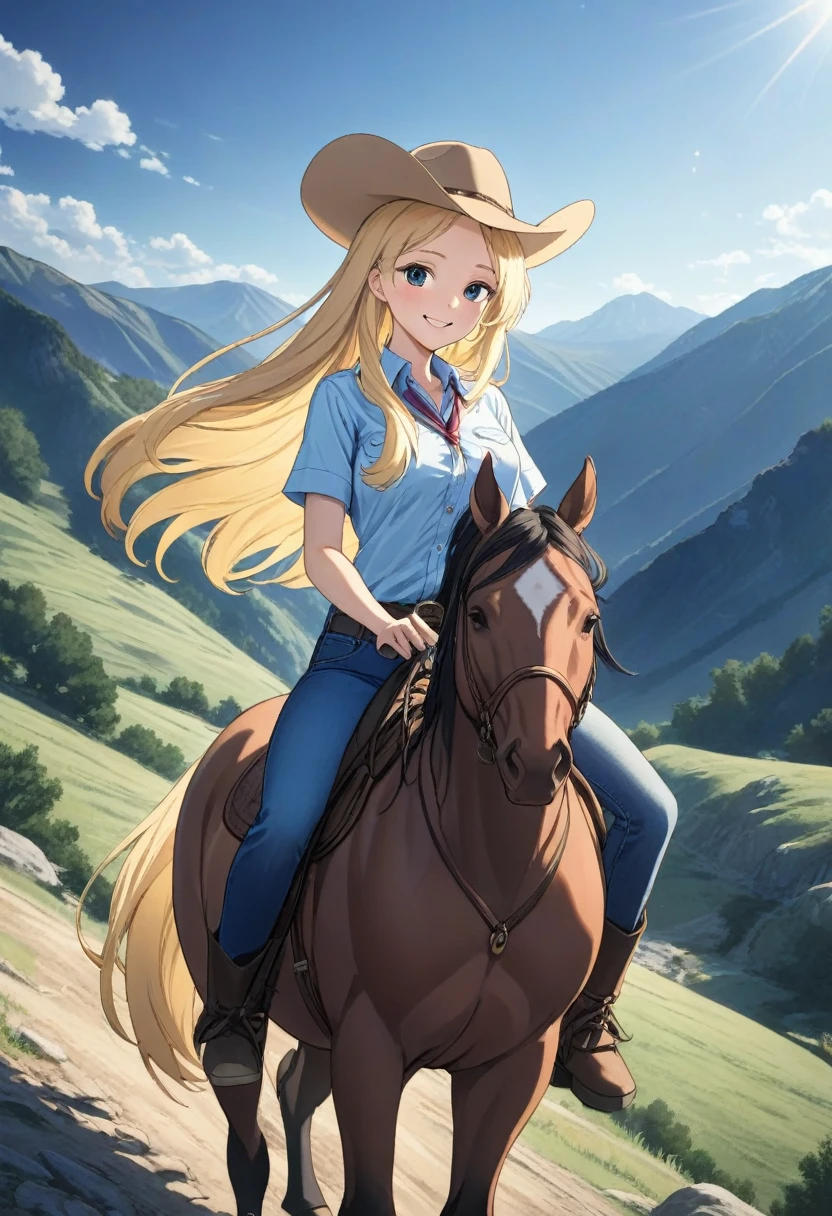 Beautiful cowboy woman riding horse in wild west, female cowboy shirt, tight jeans, cowboy hat, boots with spurs, blonde hair, very long hair light smile, social realism, cinematic lighting, afterimage , wide angle, masterpiece, anatomically correct, super detail, high quality, anime screenshot, the background is in the mountains of North America.