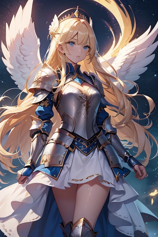 woman, long hair, blonde hair, blue eyes, wears armor, underneath the armor she wears a skirt that reaches close to her knees, and on her legs armor goes up to the skirt, on the arms she wears only bracelets, wears a tiara with two angel wings, white dress with blue outlines, the setting is a starry sky