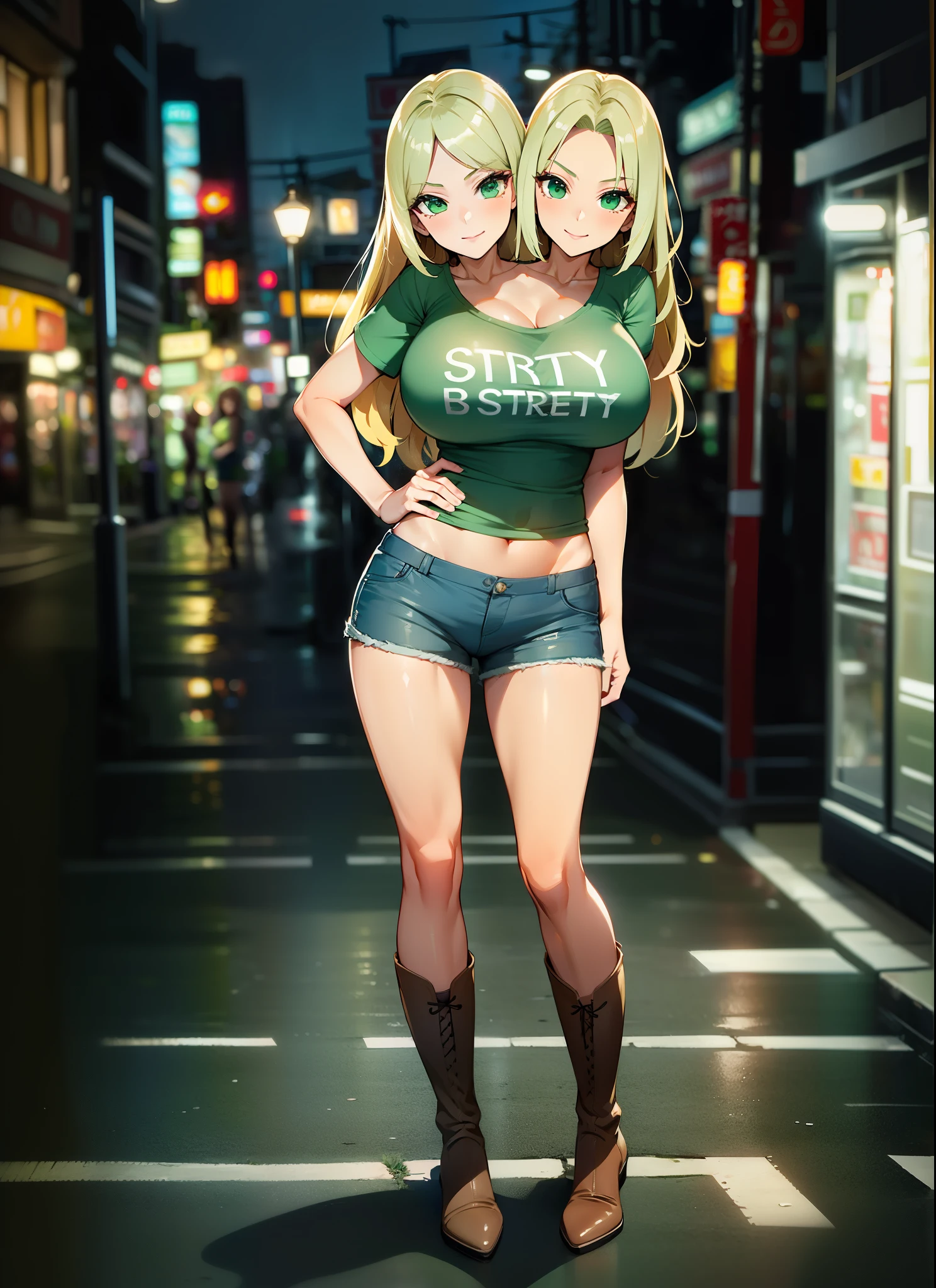 best quality, (masterpiece),(ultra-detailed), (high quality), (high resolution), (2heads:1.5) Gal, blond long hair, wavy hair, large breasts, thighs, cleavage, blue shorts, (full body ,best quality:1.5, highres, UHD, 4K), city street background, smiling, ((light green t shirt)), green eyes, ((night city street background)), brown boots, ((full body)), sexy pose,((strong and seductive expressions))