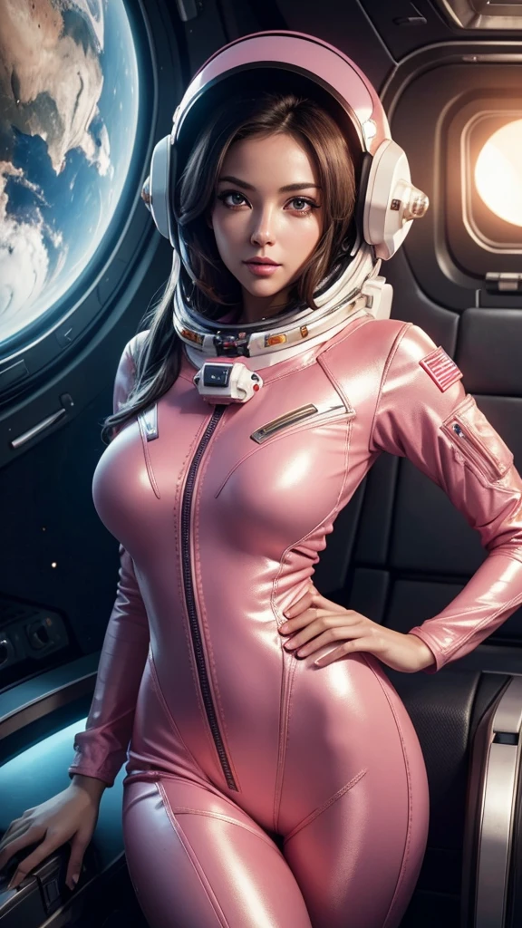 a sexy female astronaut with a pink spacesuit, long legs crossed, helmet on head, seductive hands, large breasts, slim waist, posing in a spaceship, seducing the camera, detailed face, beautiful eyes, long eyelashes, glossy lips, cinematic lighting, intricate details, highly realistic, 8k, photorealistic