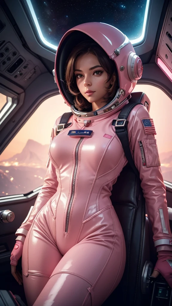 a sexy female astronaut with a pink spacesuit, long legs crossed, helmet on head, seductive hands, large breasts, slim waist, posing in a spaceship, seducing the camera, detailed face, beautiful eyes, long eyelashes, glossy lips, cinematic lighting, intricate details, highly realistic, 8k, photorealistic