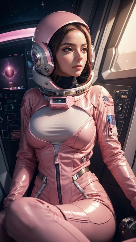 a sexy female astronaut with a pink spacesuit, long legs crossed, helmet on head, seductive hands, large breasts, slim waist, posing in a spaceship, seducing the camera, detailed face, beautiful eyes, long eyelashes, glossy lips, cinematic lighting, intricate details, highly realistic, 8k, photorealistic