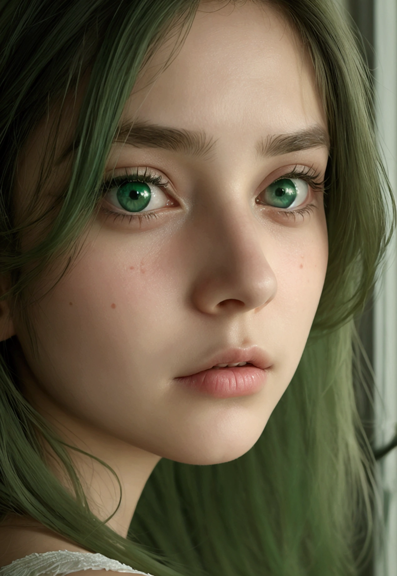 a girl. Europe. feeling sad. Extremely detailed face. Oval face. delicate facial features. dull eyes. long straight hair. messy hair. green hair. green eyes. shy. look directly