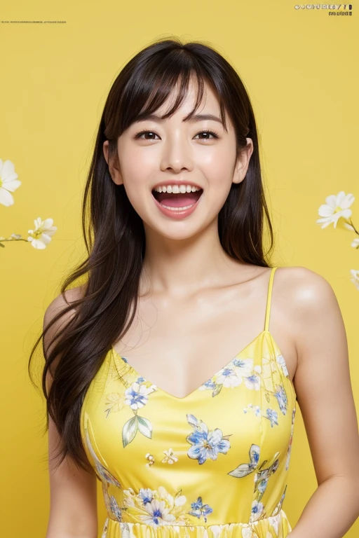 Medium display, Medium Shot, Written boundary depth, bust, Upper Body, Movie angle, masterpiece, Highest quality, Very detailed, CG, 8k wallpaper, Beautiful Face, Delicate eyes, Otome, alone, smile, (((((open mouth))))), Lemon yellow dress, LOL、Floral Background