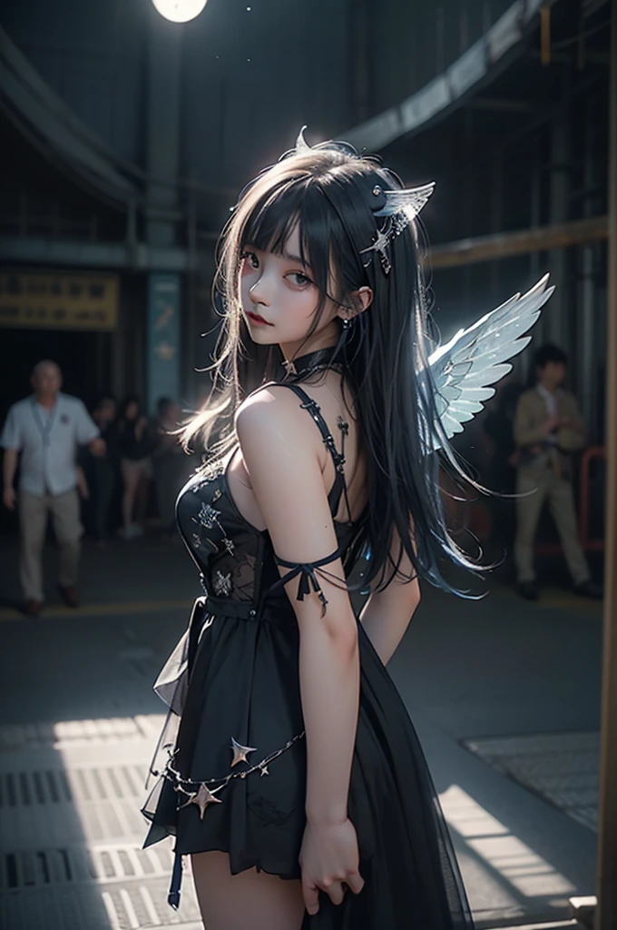 RAW Photos, Realistic, Ultra-realistic, RAW Photos, Realistic, celestial 16-year-old angel girl, large transparent glowing blue glass wings, spreading wide, simple dress, floating in the night sky, beautiful stars and moon, bright blue city lights below, looking up, viewed from above, all elements glowing blue, world-class illustration, award-winning, fantasy illustration, vivid hues, detailed and soft lighting, Highest quality, masterpiece, Ultra-high resolution, 8K, Highest quality, masterpiece, Ultra-high resolution, 8K