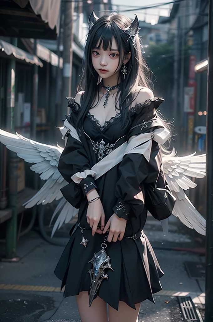 RAW Photos, Realistic, Ultra-realistic, RAW Photos, Realistic, celestial 16-year-old angel girl, large transparent glowing blue glass wings, spreading wide, simple dress, floating in the night sky, beautiful stars and moon, bright blue city lights below, looking up, viewed from above, all elements glowing blue, world-class illustration, award-winning, fantasy illustration, vivid hues, detailed and soft lighting, Highest quality, masterpiece, Ultra-high resolution, 8K, Highest quality, masterpiece, Ultra-high resolution, 8K