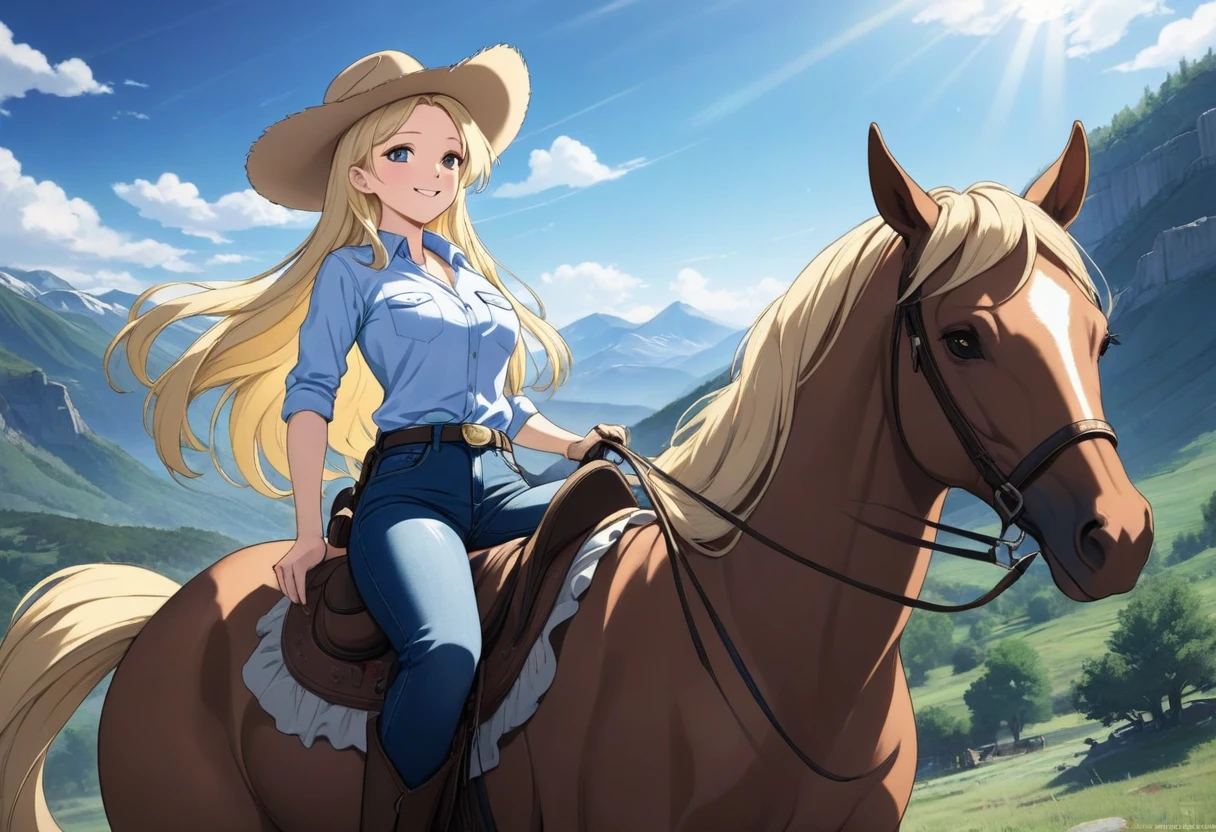 Beautiful cowboy woman riding horse in wild west, female cowboy shirt, tight jeans, cowboy hat, boots with spurs, blonde hair, very long hair light smile, social realism, cinematic lighting, afterimage , wide angle, masterpiece, anatomically correct, super detail, high quality, anime screenshot, the background is in the mountains of North America.