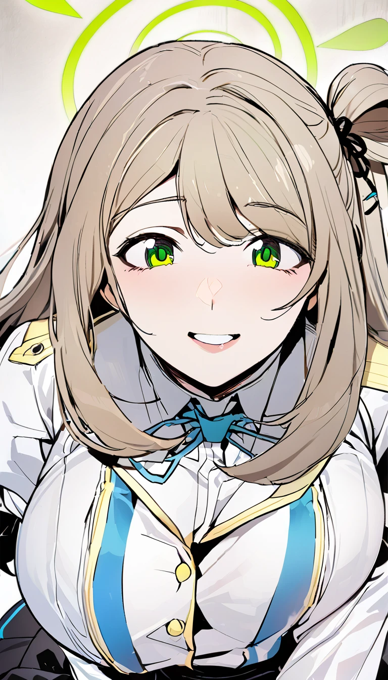 High detailed, 1 girl, solo, nonomi \(blue archive\), cyan eyes,brown hair,long hair, busty, chunky, yellow genetics's uniform, Juliet sleeves,  deep cleavage, whitet,pleated skirt