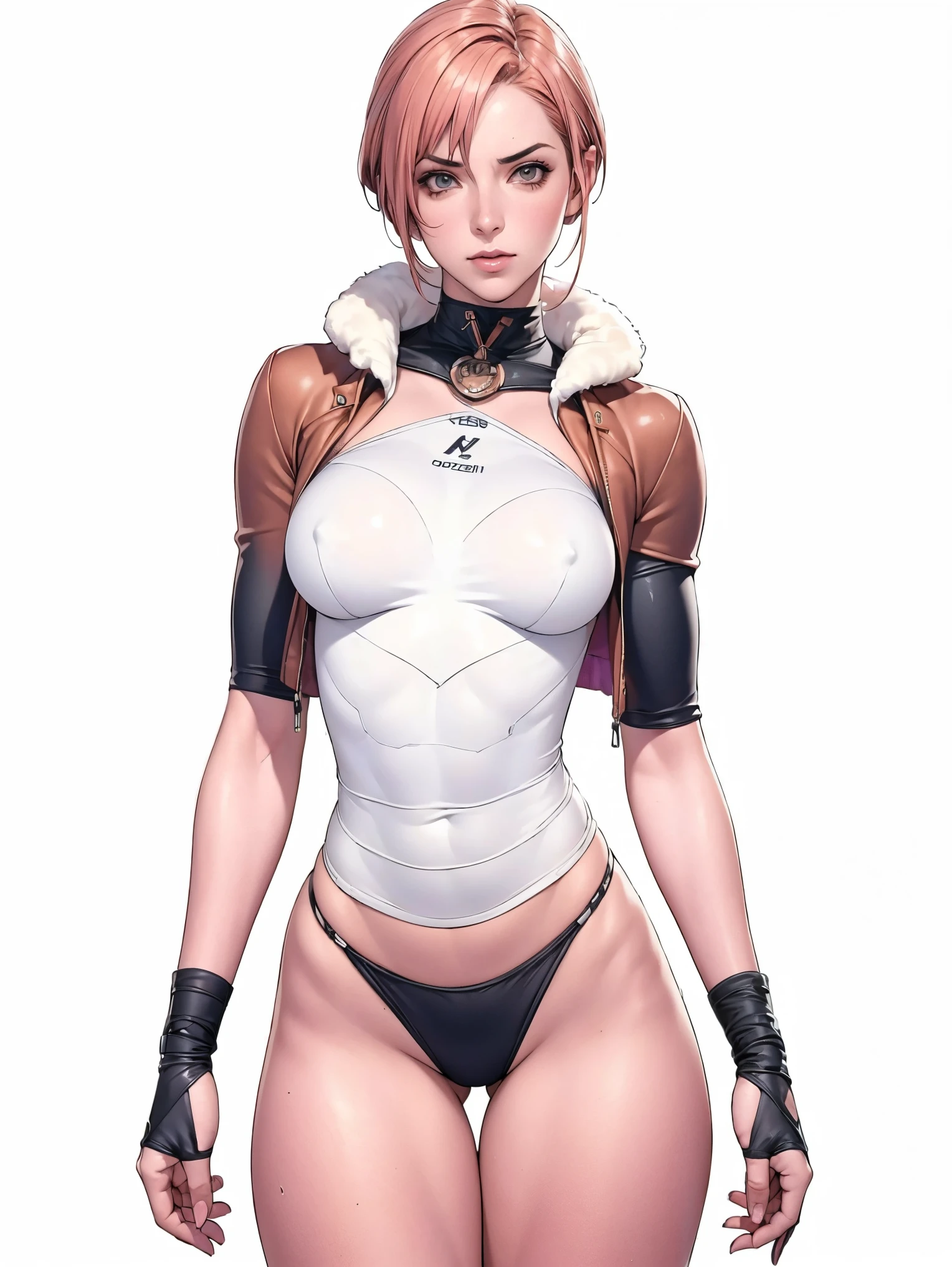 (((Annie Lennox))), (((copper color suit))), (scars), (((bandaged arms))), (((colorful clothes))) (( hood)), (((best qualityer: 1.4))), (Unbeatable masterpiece), (hiper HD),(CG 8k hyper-realistic), brave face, (((breasts big))), (((hyper feminine))), sexly girl, black tattoo,(ultra short red hair with white highlights)), ((( sculptural body ))), (((1 Kizi))), Kizi tatuada de 25 anos com perfectbody,,Beautiful and well-groomed face,muscular body:1.2,solid color detailed jacket, (Head to thigh photos), Complex equipment, copper,Tight clothes,With white stars and off-white stripes,,,,,Armor Metal Electronic Parts, Poison tattoos ) INFO, Kizi, (((standing alone))), pirralha violent, 24歳, sexy, pose de atitude, work of art, post-apocalypse, (((manga style))), bounty hunter, the way you want, perfect body, roupa moderna, advanced technology, Pleated mini skirt with checkered pattern in red and black, fur collar jacket, sleeves with vertical striped pattern, neutral background, (( cowboy shot )). intricate visual, narrow waist, (((wide hips))), wide hips, fit thighs, (thigh gap), background shows a futuristic airplane