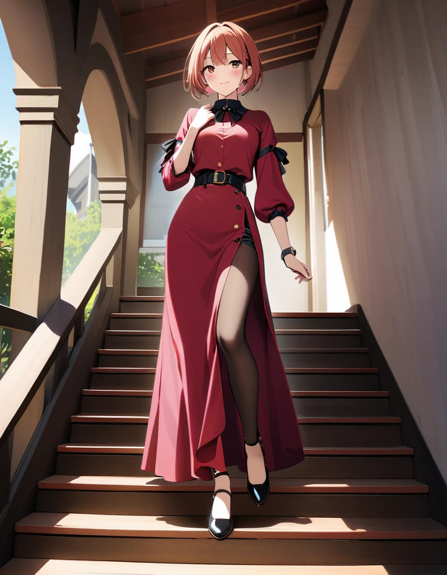 A beautiful mature woman beckons from the top of a steep staircase