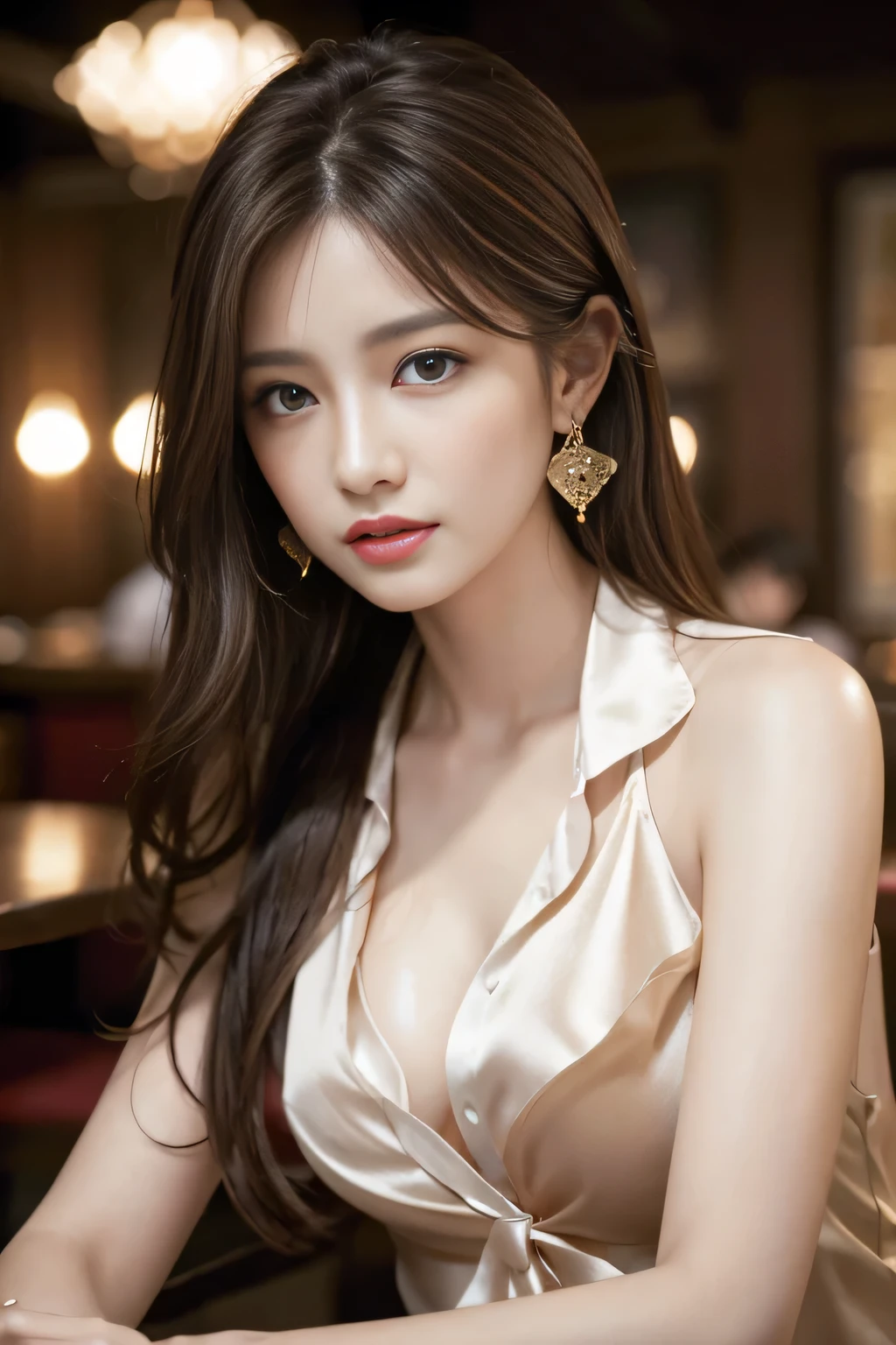 masterpiece, Highest quality, Realistic, Very detailed, Finer details, High resolution, 8k wallpaper, One beautiful woman, Wear a pretty colored silk shirt, In a great restaurant, At night, Light brown messy hair, Perfect dynamic composition, Beautiful and beautiful eyes、Big earrings、chest、Sleeveless shirt、