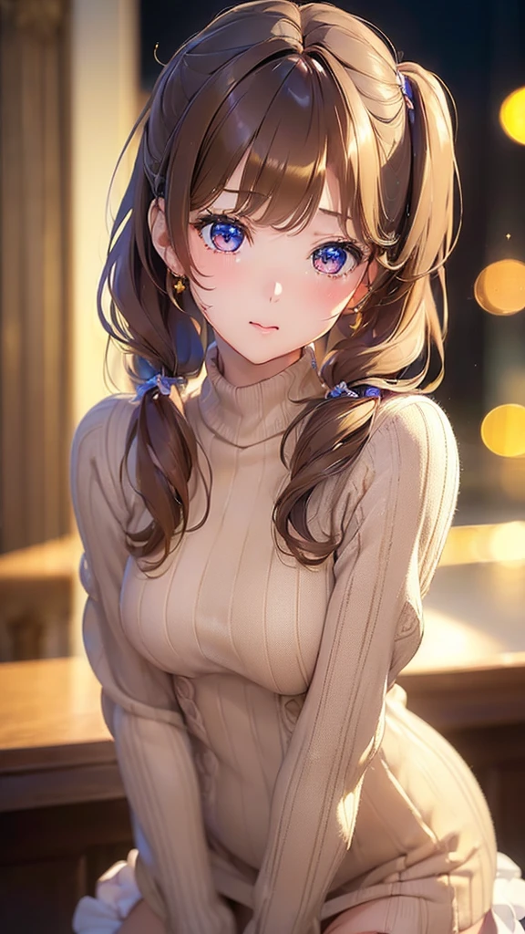 (masterpiece:1.5)、(Realistic:1.5)、(Highest quality:1.4、8k、RAW Photos)、 Ultra-high resolution、Professional Lighting、Perfect dynamic composition、Photo shoot at an antique and stylish cafe、 Film Grain、chromatic aberration、(bokeh:1.1)、 Frank、Sophisticated、charm、超Realistic、Attention to detail、Golden Ratio、 (1 girl)、Slender girl、Delicate and charming girl、Cute Woman:1.4、 Serious expression、Looking at the audience、Light brown hair、Shiny Hair、Her hairstyle is twin tails.、 Realistic looking skin、 Shut your mouth.、Beautiful Eyes、double eyelid、Thin arms、(long sweater dress:1.3)