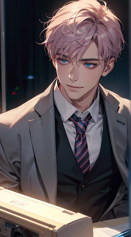 (Highest quality,4K,8K,High resolution,masterpiece:1.2),Super detailed,(Realistic,photoRealistic,photo-Realistic:1.37),1 person,31 years old,Mature Men,Beautiful skin、Profile、very handsome,Expressionless,smile,Short gray pink hair,blue eyes,Sharp Eyes,A perfect face without a doubt,Businessman,Office Background,Cinema Lighting,HDR image,tie、
