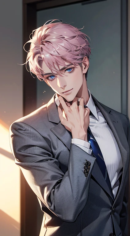 (Highest quality,4K,8K,High resolution,masterpiece:1.2),Super detailed,(Realistic,photoRealistic,photo-Realistic:1.37),1 person,31 years old,Mature Men,Beautiful skin、Profile、very handsome,Expressionless,smile,Short gray pink hair,blue eyes,Sharp Eyes,A perfect face without a doubt,Businessman,Office Background,Cinema Lighting,HDR image,tie、