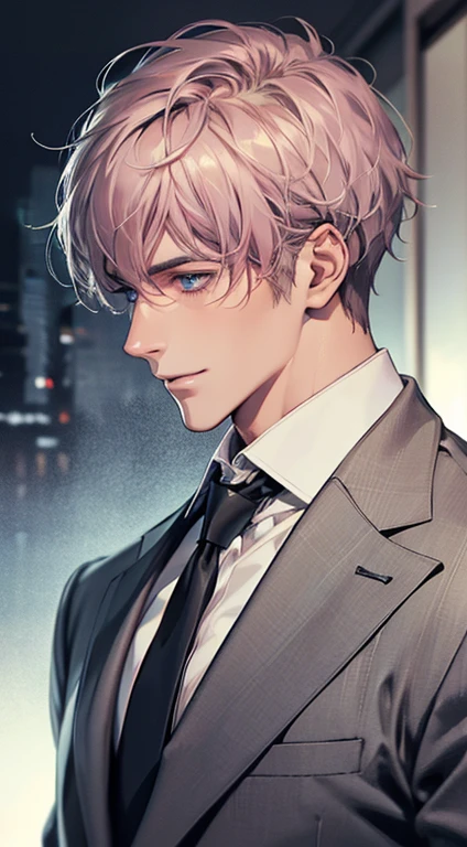 (Highest quality,4K,8K,High resolution,masterpiece:1.2),Super detailed,(Realistic,photoRealistic,photo-Realistic:1.37),1 person,31 years old,Mature Men,Beautiful skin、Profile、very handsome,Expressionless,smile,Short gray pink hair,blue eyes,Sharp Eyes,A perfect face without a doubt,Businessman,Office Background,Cinema Lighting,HDR image,tie、