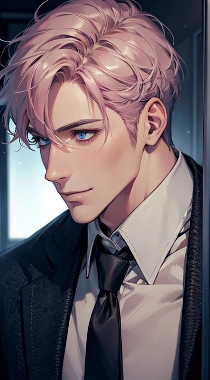(Highest quality,4K,8K,High resolution,masterpiece:1.2),Super detailed,(Realistic,photoRealistic,photo-Realistic:1.37),1 person,31 years old,Mature Men,Beautiful skin、Profile、very handsome,Expressionless,smile,Short gray pink hair,blue eyes,Sharp Eyes,A perfect face without a doubt,Businessman,Office Background,Cinema Lighting,HDR image,tie、