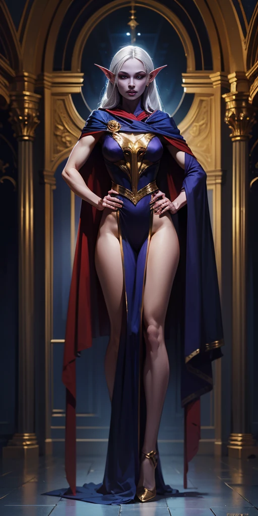 masterpiece, best quality, high quality, elf, long hair, pale hair, yellow eyes, purple skin, deep blue cape with golden ornaments (1solofemale full body standing straight symmetrical, hands on hips) slave with stocks