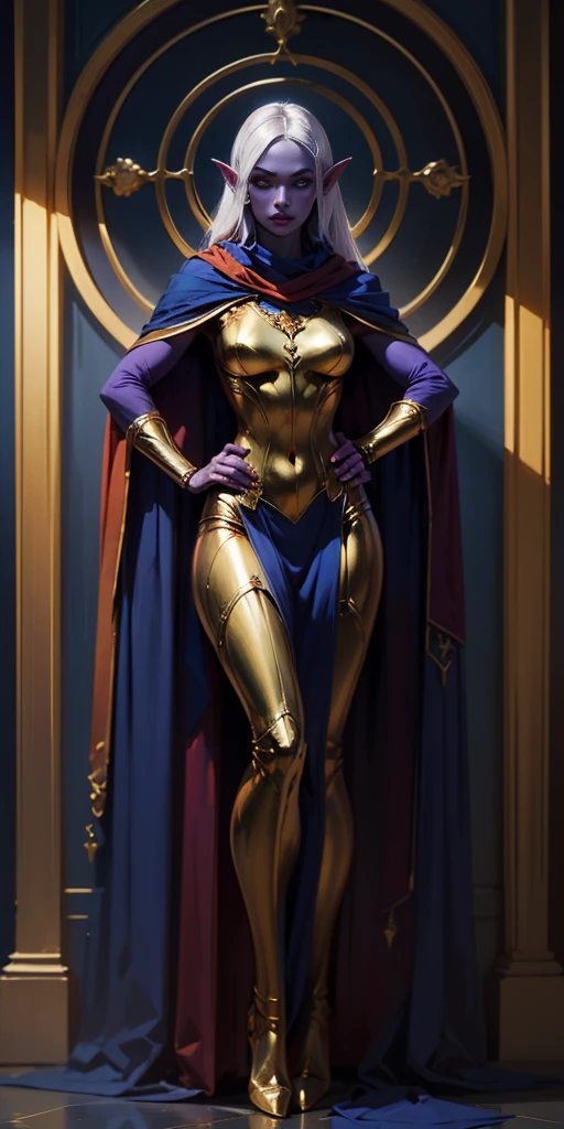 masterpiece, best quality, high quality, drow elf, long hair, pale hair, red eyes, purple skin, deep blue cape with golden ornaments (1solofemale full body standing straight symmetrical, hands on hips)