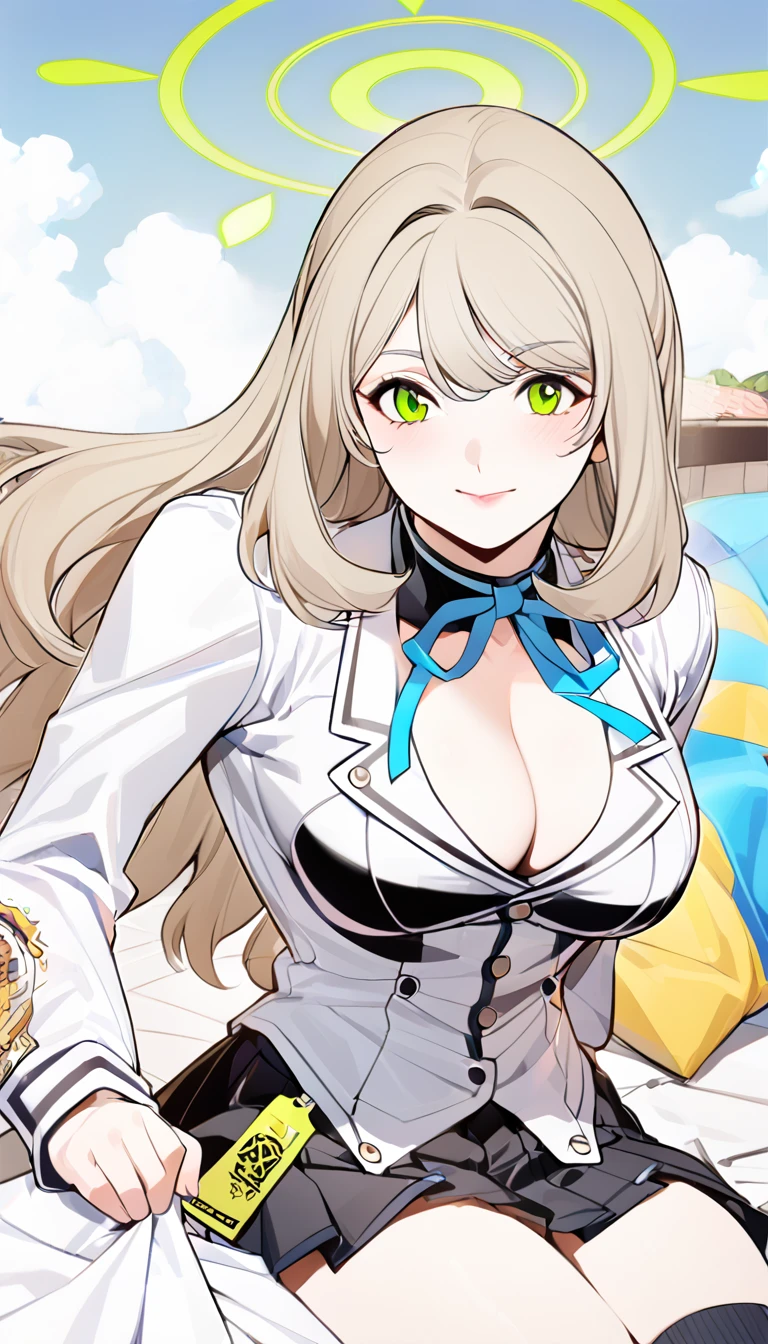 High detailed, kimtag, 1 girl, solo, nonomi \(blue archive\), cyan eyes,brown hair,long hair, busty, chunky, yellow genetics's uniform, Juliet sleeves,  deep cleavage, whitet,pleated skirt