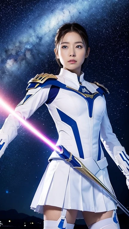 White combat uniform、skirt、Goddess of War、Staff、High resolution、Unknown powers、thunder、Wind、inflammation、muscle、Planetary alignment、Starry Sky、Blue light、Laser beam、God&#39;s Weapon、Diffuse reflection of light、cyber-、Valkyrie
