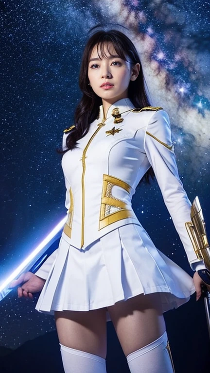 White combat uniform、skirt、Goddess of War、Staff、High resolution、Unknown powers、thunder、Wind、inflammation、muscle、Planetary alignment、Starry Sky、Blue light、Laser beam、God&#39;s Weapon、Diffuse reflection of light、cyber-、Valkyrie