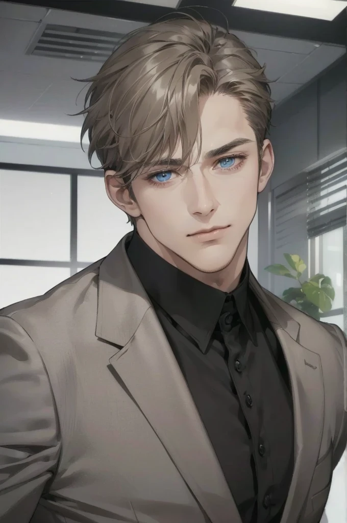 (best quality, masterpiece, 8K, photorealistic, cinematic lighting, 1:4 hdr image, ultra detailed, beautiful image), a man, 34 years very handsome, ((cold expression)), short golden hair, blue eyes, face perfect without mistakes, ((buttonhis jacket, CEO))
