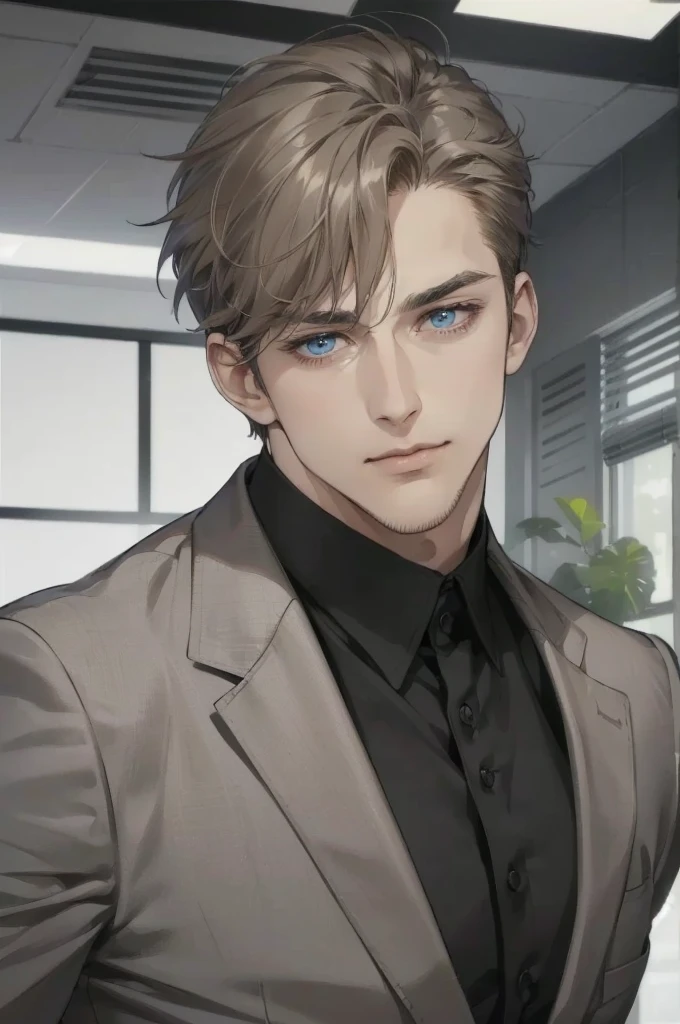 (best quality, masterpiece, 8K, photorealistic, cinematic lighting, 1:4 hdr image, ultra detailed, beautiful image), a mature man, 34 years very handsome, ((cold expression)), short golden hair, blue eyes, face perfect without mistakes, ((buttoning his jacket, CEO))