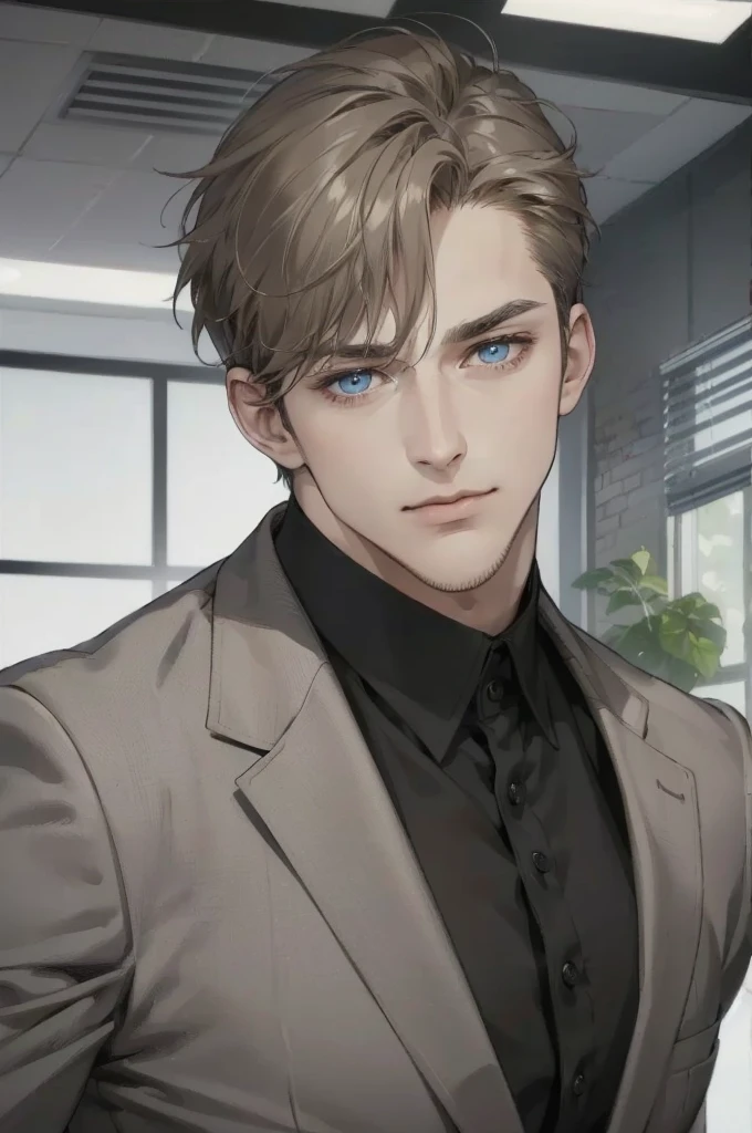 (best quality, masterpiece, 8K, photorealistic, cinematic lighting, 1:4 hdr image, ultra detailed, beautiful image), a mature man, 34 years very handsome, ((cold expression)), short golden hair, blue eyes, face perfect without mistakes, ((buttoning his jacket, CEO))