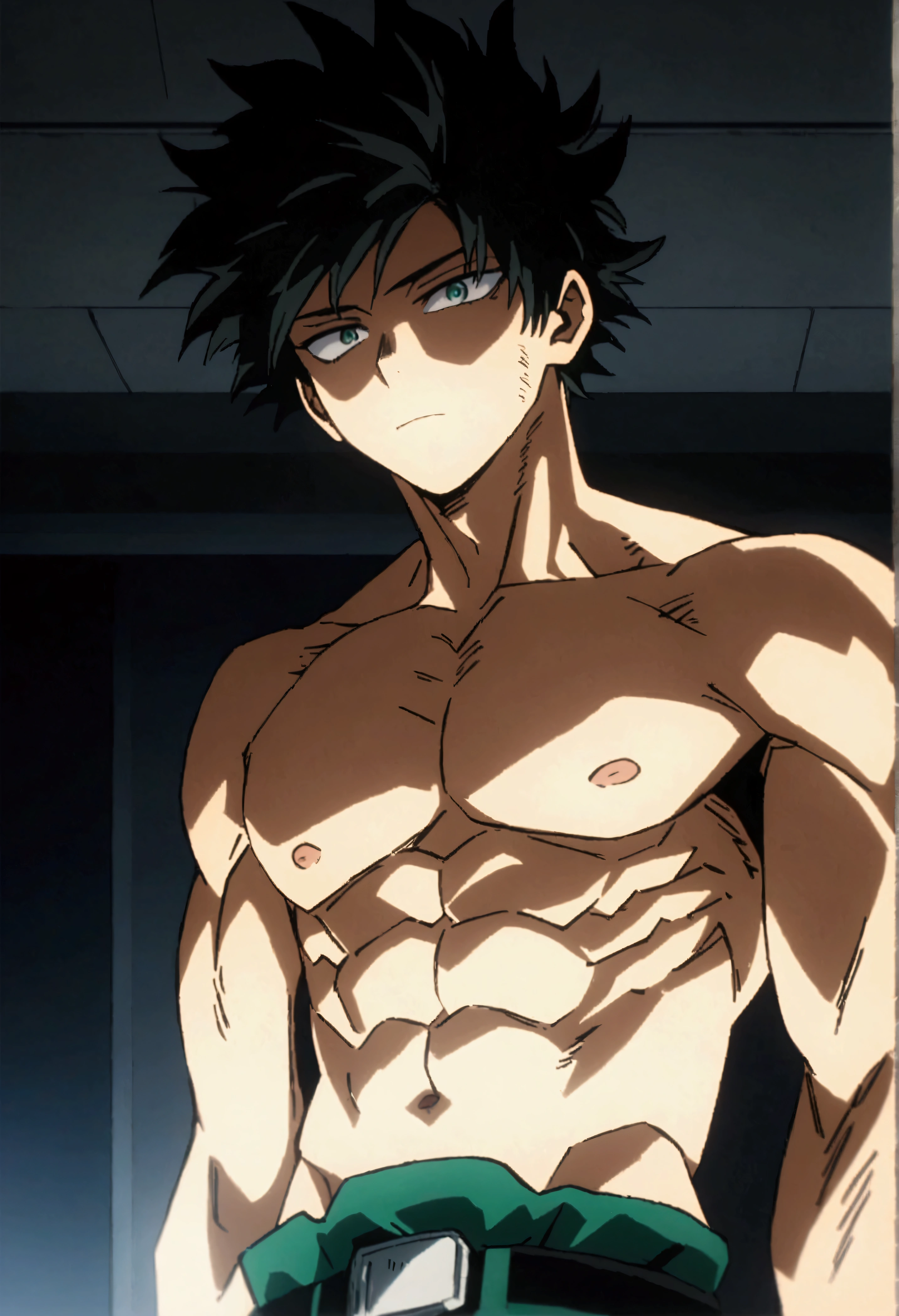 He is a 16 year old ager, He has slightly disheveled very black hair..., somewhat light green eyes, , muscular body , anime art slyle my hero academy , sexy face, He is dressed in the anime male uniform "my hero academia", shirtless , 8k, high quality, masterpiece, , cinematic, vivid colors, shining green eyes