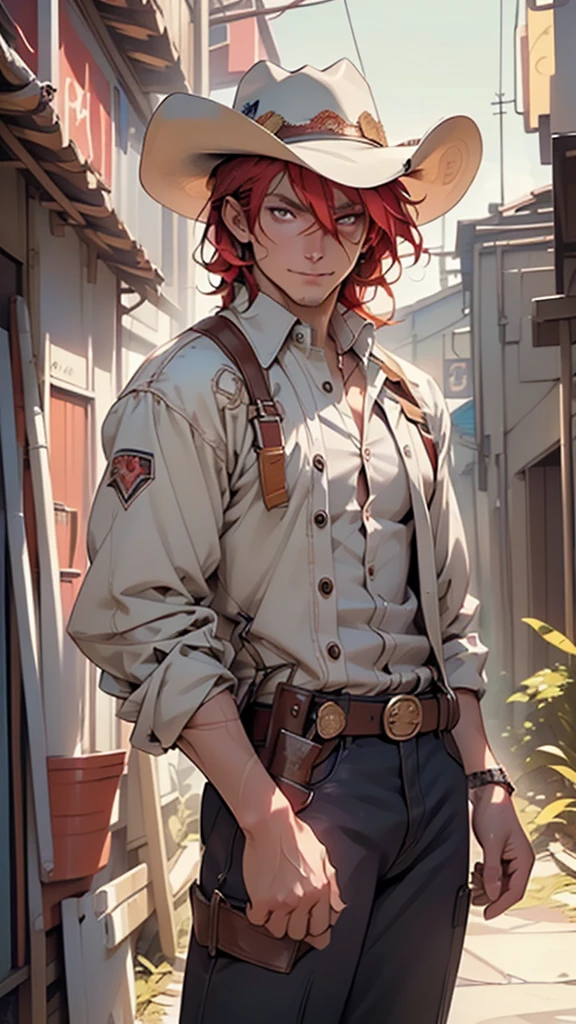 (man:1.5),1 man,cowboy western gunslinger,(((1man))),((man with messy red hair)),
(((1male,man:1.5,handsome man,male,male gender:1.5,male focus))),macho man,((messy red hair,detailed hair,highly detailed hair,red hair,hair over one eye:1.2,colored inner hair)),(((dark_red_eyes:1.2))),intricate eyes,beautiful detailed eyes,symmetrical eyes,(((lustrous skin:1.5,tanned skin,bright skin: 1.5,skin tanned,shiny skin,very shiny skin,shiny body,illuminated skin))),((man chest)),handsome face,((muscular)),(detailed face),
nsfw,
(((bare chest))),dark pants,((bulge in pants)),((gunfighter outfit, (cowboy western hat:1.2))),(wearing a gunfighter outfit:1.3,gunslinger clothes),(cowboy western gun holster,belt),((intricate outfit,intricate clothes)),
(dynamic pose:1.0),solo focus,((evil smile,evil look)),(centered,scale to fit dimensions,Rule of thirds),
outdoors,(in the mountains. Nevada desert visible. sunset),scenery,extremely scenery,(sunset, golden hour),
(Glossy old western ornaments),highres,sharp focus,(ultra detailed,extremely detailed),(photorealistic artwork:1.37),(extremely detailed CG unity 8k wallpaper),(((vibrant colors,vibrant theme))),(intricate),(masterpiece),(best quality),artistic photography,(photography taken by sldr),(intricate background),perfect rendered face,perfect face details,realistic face,photo realistic,((intricate detail)),(((realism))),