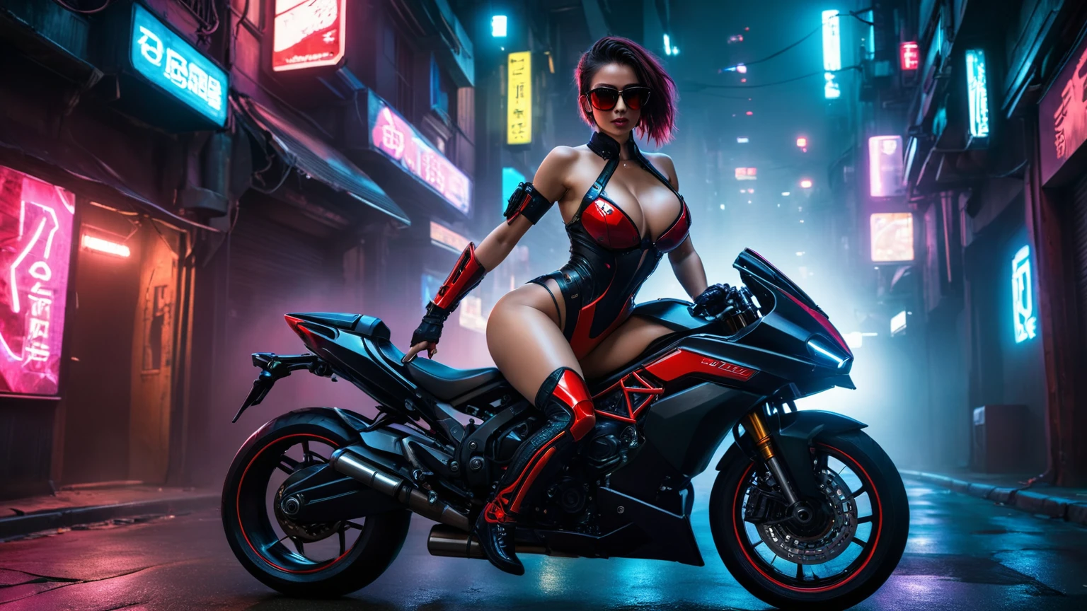 ((fisheye lens)), (1girl, solo, alone), a cyborg female warrior wearing a futuristic leotard, speeding a close-up superbike, in a GhostlyStyle cyberpunk city alley at dark night, darksynth aesthetic, red neons, atmospheric fog, large-breast:1.2 slim body, cleavage:1.1, (black sunglasses), (((((she raised a short-gun:1.8 and shot the viewer))))), dynamic pose, ((half-body thigh level medium shot)), cinematic lighting, lens flare, ray tracing.