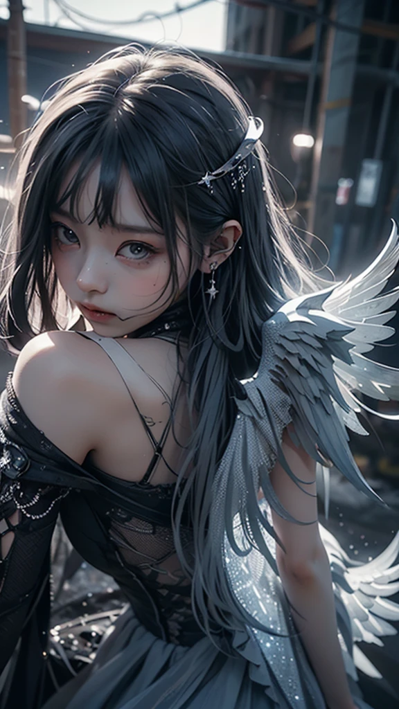 RAW Photos, Realistic, Ultra-realistic, RAW Photos, Realistic, celestial 16-year-old angel girl, large transparent glowing blue glass wings, spreading wide, simple dress, floating in the night sky, beautiful stars and moon, bright blue city lights below, looking up, viewed from above, all elements glowing blue, world-class illustration, award-winning, fantasy illustration, vivid hues, detailed and soft lighting, Highest quality, masterpiece, Ultra-high resolution, 8K, Highest quality, masterpiece, Ultra-high resolution, 8K