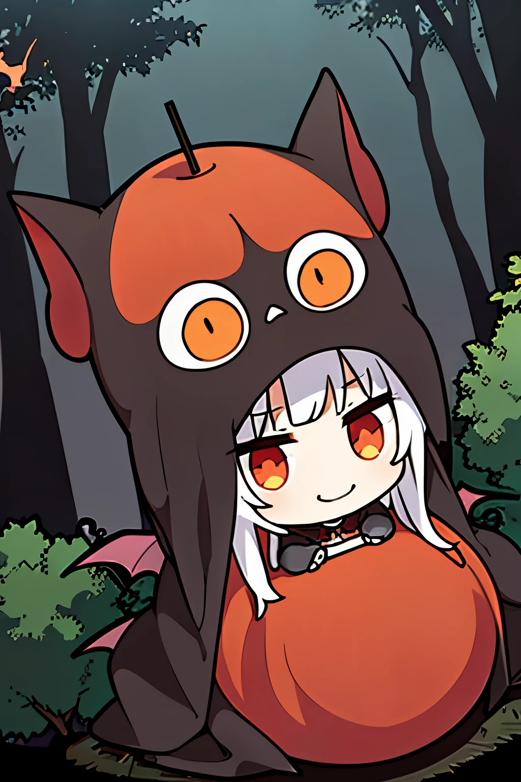 Photorealistic、Cute horror fantasy、Chibi Girl Doll(Devil Cosplay、Wicked Smile、Sagging under the eyes、Long eyebrows、Long nails、Orange eyes、Wear a long, big cloak) BREAK ,background(Musical notes around the doll, (dead tree:1.3), in the forest,shadow the cardboard\(Bat,Skeleton,Crow\)\)