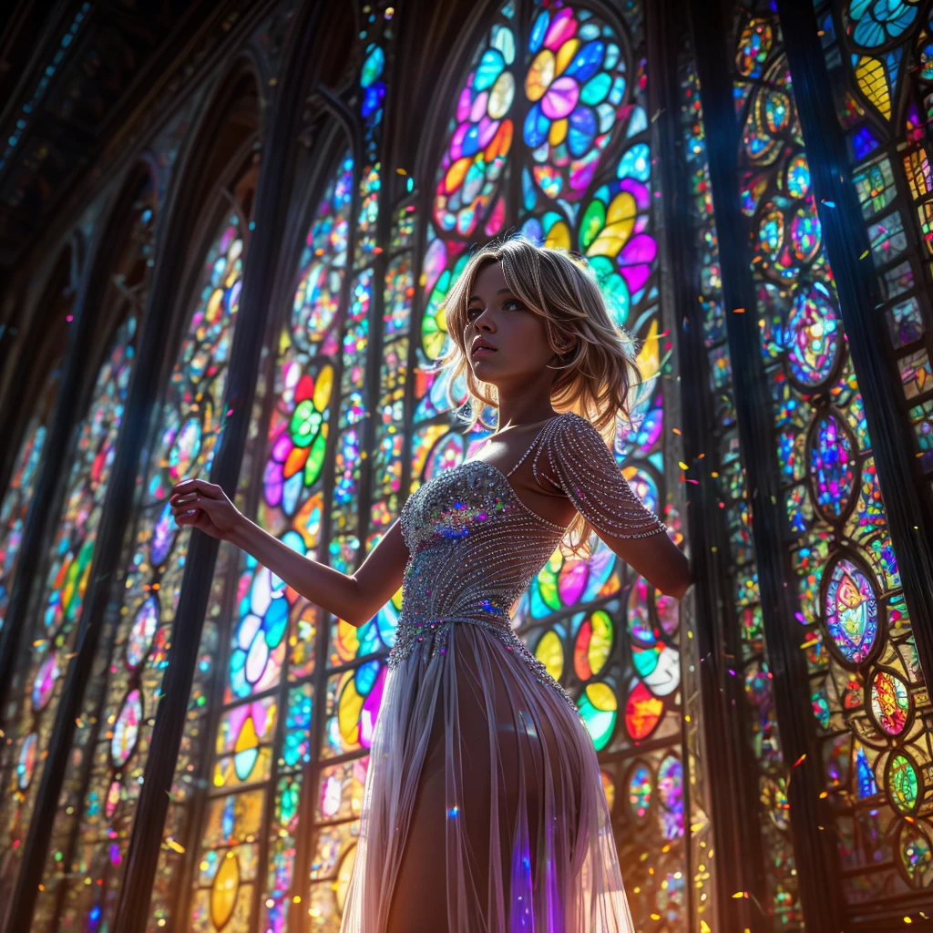  (Cathedral from below:1.28) (ZoomLayer) TopQuality 8K masterpiece of ((Professional photo)), (((Clarisse de Cagliostro))) (Detailed White WeddingDresses), Chain, (((Extremely detailed KAWAII face))) {((VeiledFace))|BlondeHair|(Elaborate BuleEyes)with(SparklingHighlights:1.28)}, The background is distant (((Elaborate stained glass))) Rainbow Glass, {(MysticSight)|EnchantingAtmosphere|Haze|(GodRays)|TyndallEffect}, Radiant PearlSkin with Transparency, (Exposed:0.39)