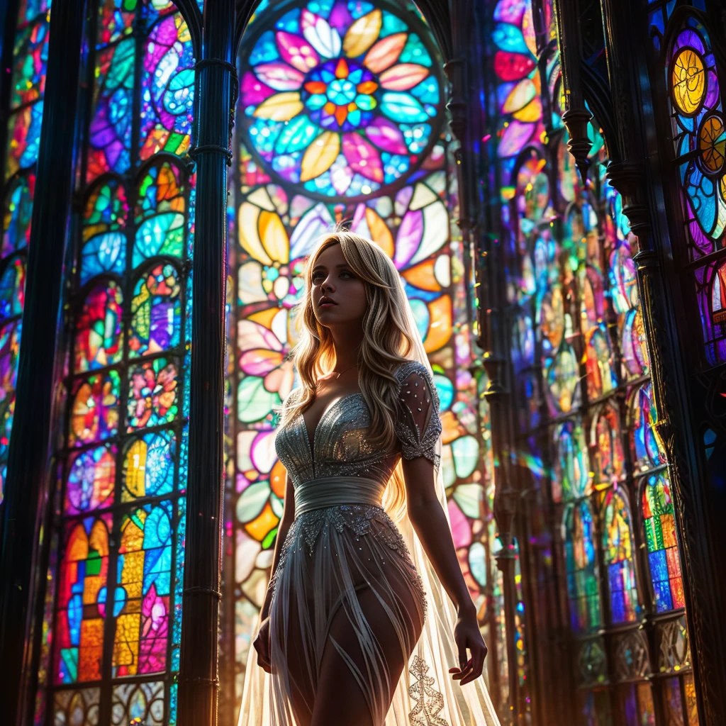  (Cathedral from below:1.28) (ZoomLayer) TopQuality 8K masterpiece of ((Professional photo)), (((Clarisse de Cagliostro))) (Detailed White WeddingDresses), Chain, (((Extremely detailed KAWAII face))) {((VeiledFace))|BlondeHair|(Elaborate BuleEyes)with(SparklingHighlights:1.28)}, The background is distant (((Elaborate stained glass))) Rainbow Glass, {(MysticSight)|EnchantingAtmosphere|Haze|(GodRays)|TyndallEffect}, Radiant PearlSkin with Transparency, (Exposed:0.39)