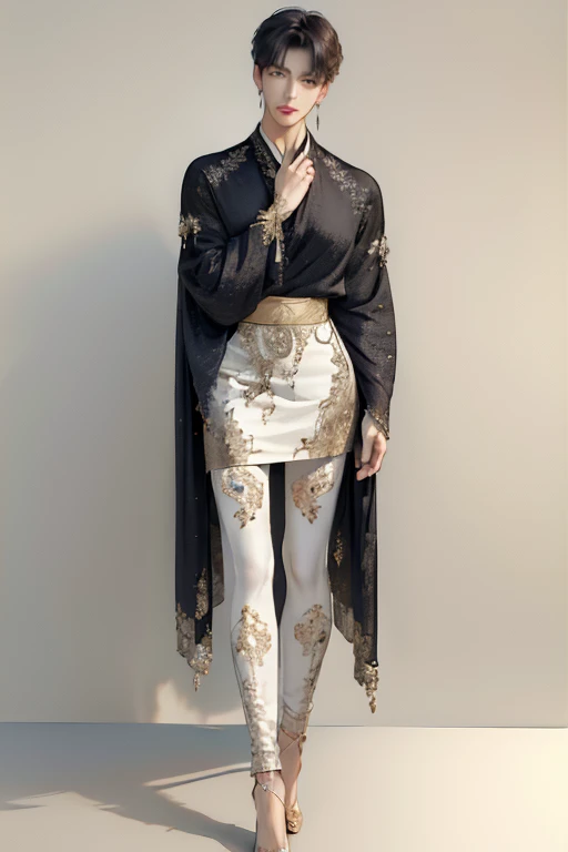 ((best quality,4k,highres,masterpiece:1.2)),((character concept art)), 1 man, age 25, Chinese Hong Kong, Hong Kong Elite, eldest sister, triad male leader, Known for her impeccable fashion sense and elegant demeanor, she is a true embodiment of the Versace brand. His body language is as captivating as his style, always exuding confidence and high fashion. (((he's wearing an exquisite Versace Barocco-print Shirt in Silk and Barocco-print leggings gold-tone/white/black, a true testament to the brand's luxurious aesthetic.))) Paired with Versace Tribute Sandals, she carries her ensemble with an air of effortless sophistication. Her accessories include a pair of Versace Tribute Sunglasses, enhancing her overall look. ((intricate detail)), super finely detailed hands, ultra finely detailed fingers(((ten fingers))), (standing still with confidently), (full body showcase), (show full body), (no logos on background), (no logo), ((plain background)), ((plain background)), (((empty background))).hot man, hot male , hot man , very small spikey boyish haircut, hot man