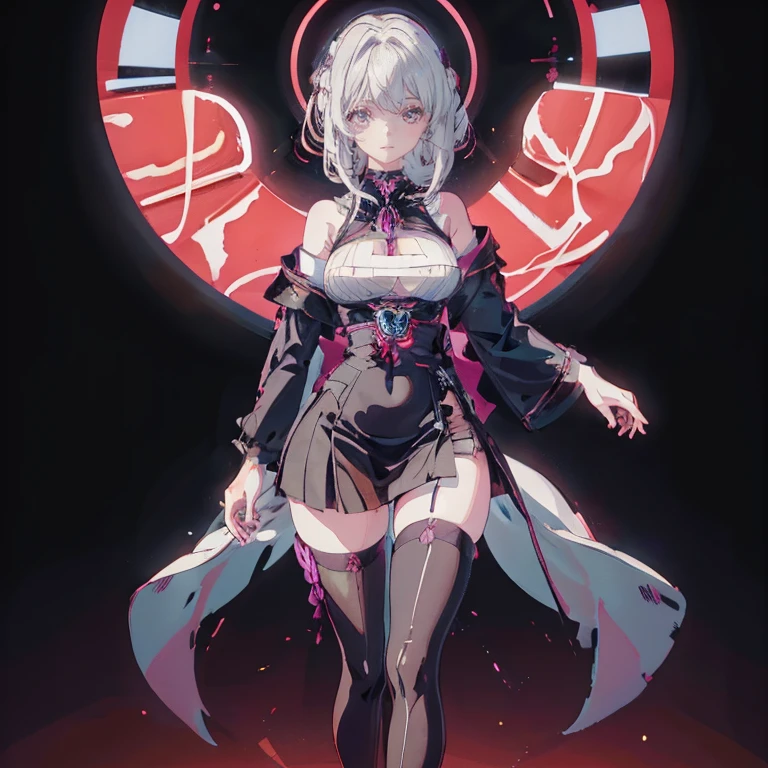 Anime Kawaii sexy Perfect Slim sensual body large breast and huge thighs, An intricate and highly detailed illustration of anime (Young girl). "A 17 year old girl with a voluptuous body, pale and delicate skin, long straight white hair, bright and expressive purple eyes, pink and full lips. She wears a tight black dress that accentuates her waist and bust., with a V-neckline that highlights your large breasts. The dress has a short black skirt that fits her hips and shows off her smooth, toned thighs... She wears a pair of black stockings that cling to her legs and accentuate her figure.. On your feet, She wears a pair of black high-heeled boots that give her an air of mystery and sensuality.. around the neck, She wears a black choker with a small crucifix that accentuates her pale skin.. Her white hair falls loosely down her back and moves gracefully as she moves.. Her bright purple eyes shine with intensity and her gaze is hypnotic.. Her pink and full lips are perfect for kissing and her smile is radiant. She wears a kitsune mask on one side of her face that gives her an air of mystery and magic... His figure is curvy and sensual, with a large bust and wide hips. She is a true beauty and her presence is impressive."