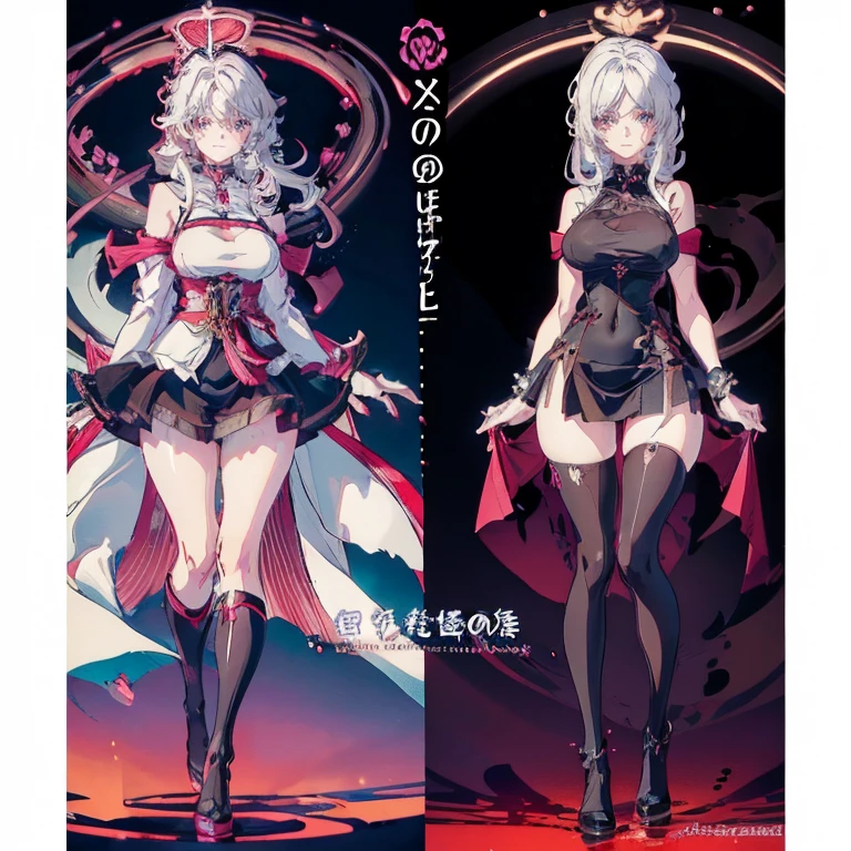 Anime Kawaii sexy Perfect Slim sensual body large breast and huge thighs, An intricate and highly detailed illustration of anime (Young girl). "A 17 year old girl with a voluptuous body, pale and delicate skin, long straight white hair, bright and expressive purple eyes, pink and full lips. She wears a tight black dress that accentuates her waist and bust., with a V-neckline that highlights your large breasts. The dress has a short black skirt that fits her hips and shows off her smooth, toned thighs... She wears a pair of black stockings that cling to her legs and accentuate her figure.. On your feet, She wears a pair of black high-heeled boots that give her an air of mystery and sensuality.. around the neck, She wears a black choker with a small crucifix that accentuates her pale skin.. Her white hair falls loosely down her back and moves gracefully as she moves.. Her bright purple eyes shine with intensity and her gaze is hypnotic.. Her pink and full lips are perfect for kissing and her smile is radiant. She wears a kitsune mask on one side of her face that gives her an air of mystery and magic... His figure is curvy and sensual, with a large bust and wide hips. She is a true beauty and her presence is impressive."