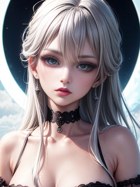 Depth of bounds written, detailed eye, ((CG illustration)), ((face focus)), ((masterpiece)), ((8K)), ((super detailed)), ((Super high quality)), ((cinematic)), ((Photoreal)), ((close up shot)), (solo), (cool girl), very long hair, straight hair, (((thin body))), Glossy skin, ((look away)), (Beautiful goth girl with high cheeks and legs), Gothic makeup, clear eyes, lipstick, dark eye shadow, ((No bra)), choker, earrings, provoke, night, ((full moon)), ((Functional)), Lonely, Visual kei, ((pastel colour)), Unwound clothes, forget, kiss, White Knight, dark, silence