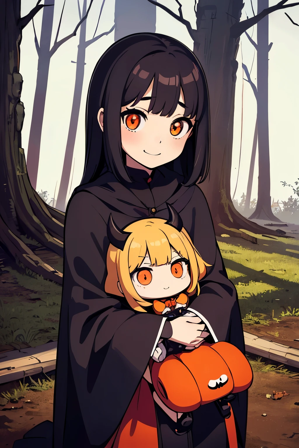 Photorealistic、Cute horror fantasy、Chibi Girl Doll（Devil Cosplay、Wicked Smile、Sagging under the eyes、Long eyebrows、Long nails、Orange eyes、Wear a long, big cloak） BREAK ,background(Musical notes around the doll, (dead tree:1.3), in the forest,shadow　the cardboard\(Bat,Skeleton,Crow\)\)