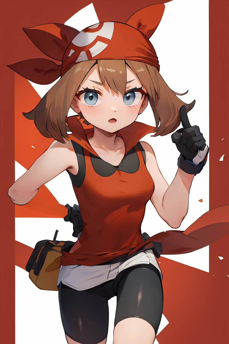 may, shirt, bike shorts, bandana, red shirt, hairband, medium hair, gloves, shorts, bow hairband, sleeveless, red bandana