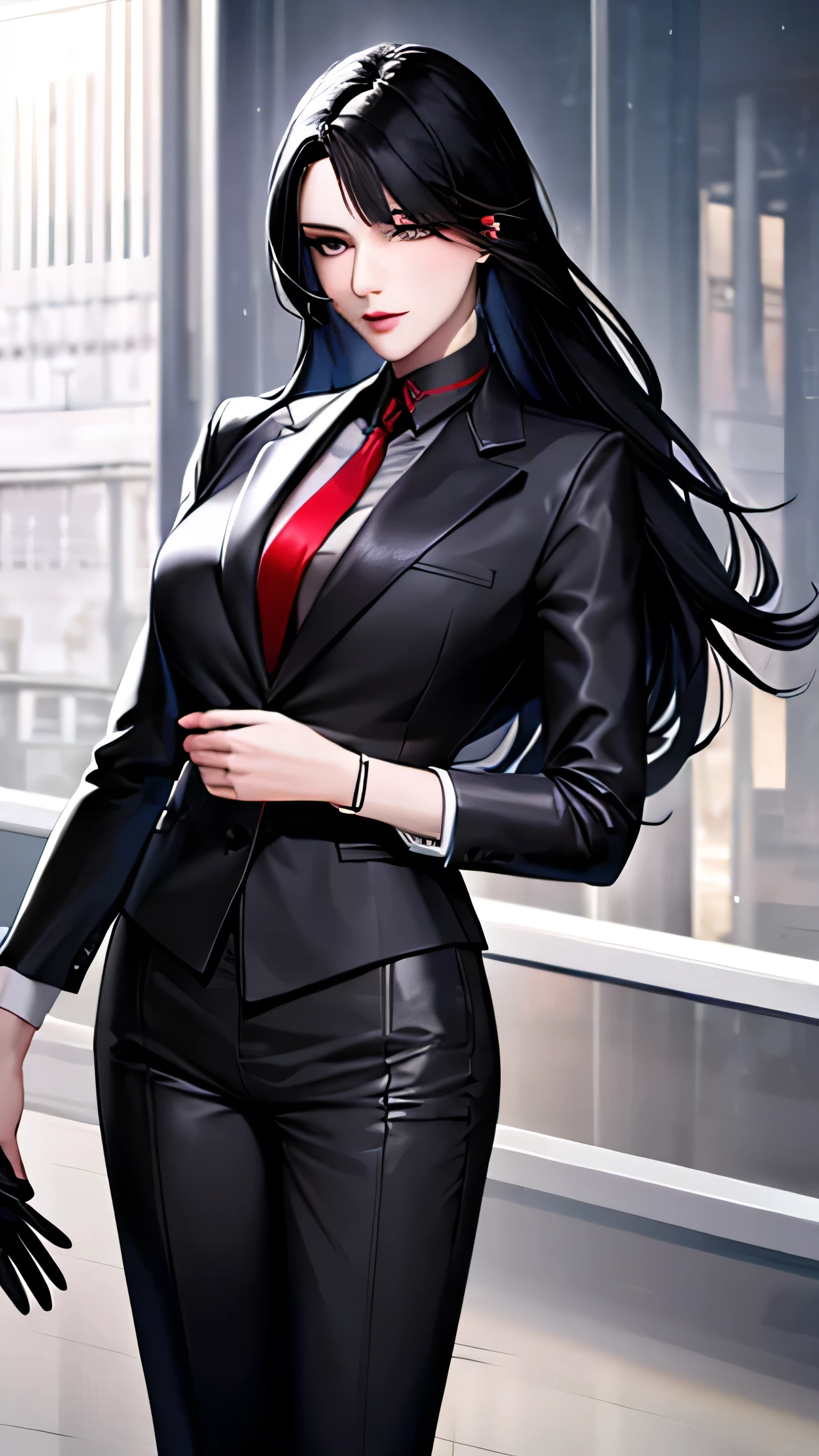 1 girl, 23 years old, long black hair, handsome face, business suit, red tie,long black pants, black leather gloves, high quality, masterpiece