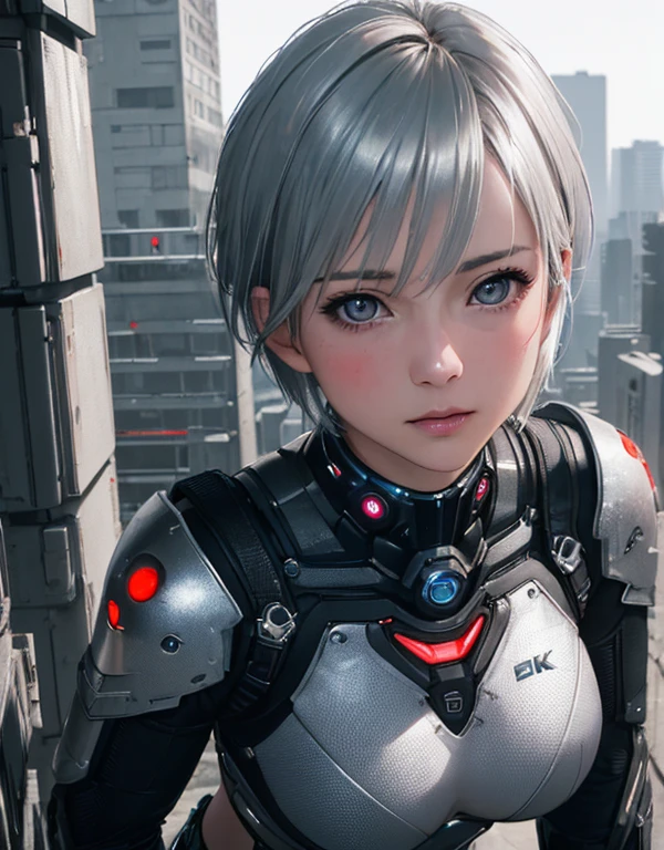 (8k, Realistic, RAW Photos, Highest quality: 1.3), (One Girl), とてもbeautiful, (Realistic Face), (boyish, Silver color very short hair), beautiful cyberpunk suit, A brilliance that captivates the viewer, beautiful expression, beautiful breasts, (Realistic Skin), beautiful..., bent over