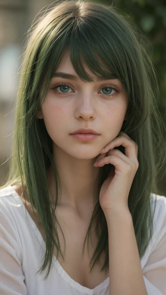 a girl. Europe. feeling sad. Extremely detailed face. Oval face. delicate facial features. dull eyes. long straight hair. messy hair. green hair. green eyes. shy. look directly