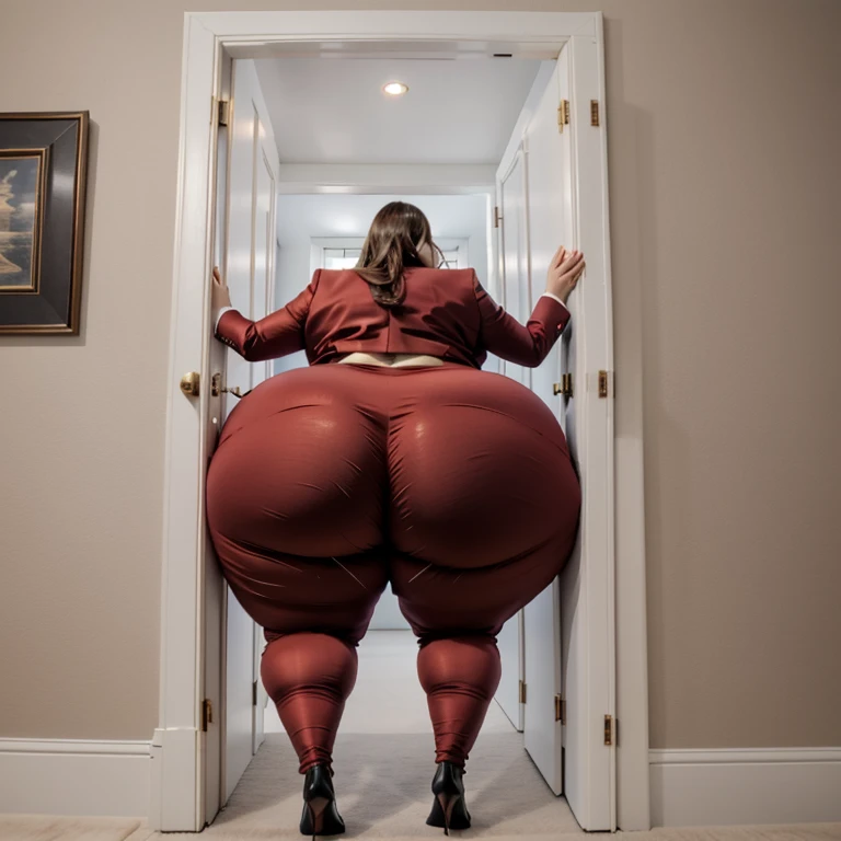 masterpiece, 1girl tall, fat, bottom heavy ssbbw british, 30 year old, behind a doorway, from behind, (doorstuck, stuckback:1.3), big belly, huge wide hips, massive butt,  thick thighs, colorful clothing, wearing a red suit and tie and formal pants, upset, she tries to wiggle her big body through the door, but the door is too small and she is stuck tight, she kicks and swings her legs back and forth in a panic, she is way too big and round to fit through,, she looks behind at the viewer politely asking for some help as she tries to pull herself out with all her might, she swings her hips desperately