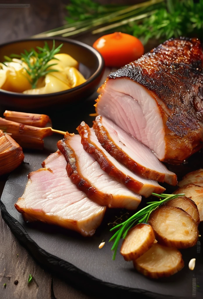 a roasted pork, tender juicy pork belly, crispy pork skin, golden brown pork, pork with herbs and spices, roasted pork with vegetables, pork on wooden table, pork dish, delicious pork meal, mouthwatering pork, (best quality,4k,8k,highres,masterpiece:1.2),ultra-detailed,(realistic,photorealistic,photo-realistic:1.37),food photography,studio lighting,professional food styling,appetizing colors,natural lighting