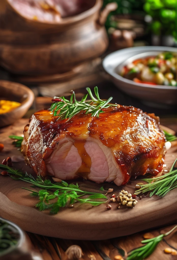 a roasted pork, tender juicy pork belly, crispy pork skin, golden brown pork, pork with herbs and spices, roasted pork with vegetables, pork on wooden table, pork dish, delicious pork meal, mouthwatering pork, (best quality,4k,8k,highres,masterpiece:1.2),ultra-detailed,(realistic,photorealistic,photo-realistic:1.37),food photography,studio lighting,professional food styling,appetizing colors,natural lighting