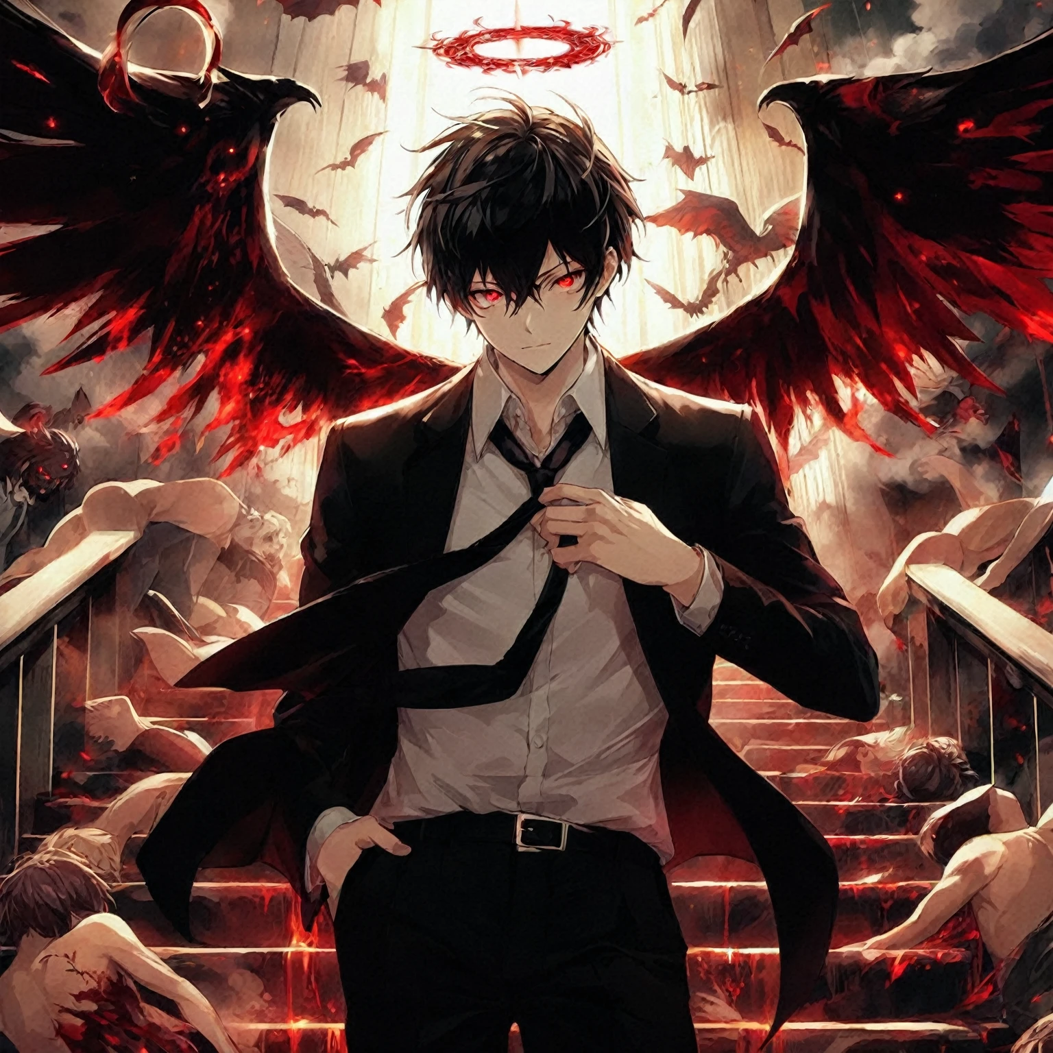 anime image of a man with wings and a tie standing on a staircase, anime wallaper, with hellish devil wings, 4 k manga wallpaper, inspired by Okumura Masanobu, lucifer, 4k anime wallpaper, winged boy, with red glowing eyes, demon boy, handsome guy in demon slayer art, beautiful male god of death, badass anime 8 k